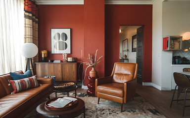 Modern living room interior design with brown leather furniture and red wall   