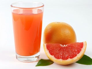 A glass of grapefruit juice with a grapefruit slice on a white background