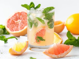 A glass of grapefruit mojito with fresh mint and grapefruit slices on a white background