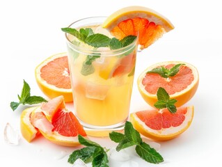 A glass of grapefruit mojito with fresh mint and grapefruit slices on a white background