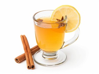 A glass of hot toddy with a lemon slice and cinnamon stick on a white background