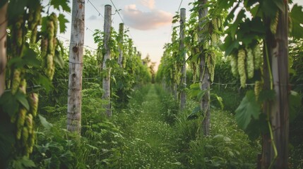 Fototapeta premium A lush hop farm with rows of tall hop vines under a bright blue sky, with farmers tending the plants