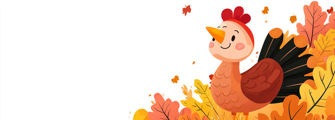 Obraz premium A cartoon turkey stands amongst fallen leaves. The turkey has a red head, orange beak, and brown feathers. Thanksgiving day 