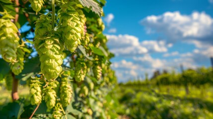 Fototapeta premium A row of hop vines with ripe hop cones ready to be harvested, set against a vibrant blue sky