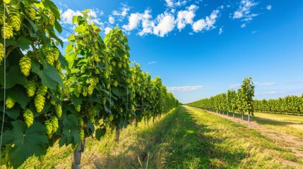 Naklejka premium A row of hop vines with ripe hop cones ready to be harvested, set against a vibrant blue sky