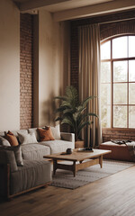 Cozy living room with white sofa  green plant  and wooden coffee table  perfect for a relaxing evening at home   