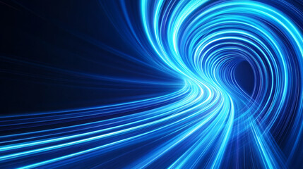 Abstract blue light streaks swirl into a tunnel-like shape against a dark background.