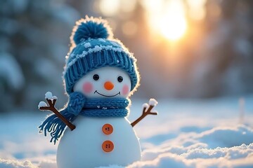 Obraz premium Winter holiday christmas background banner - Closeup of cute funny laughing snowman with wool hat and scarf, on snowy snow snowscape with bokeh lights, illuminated by the sun (Generative Ai)
