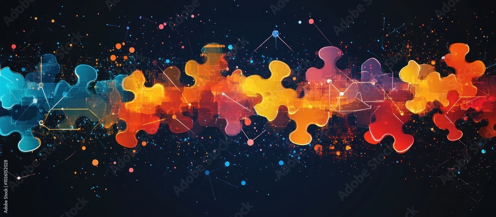 Poster abstract jigsaw puzzle with glowing colors and connected dots, representing teamwork, puzzle solutio