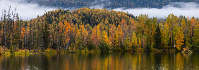 Scenic panoramic view of Reflection lake in Alaska during autumn time.