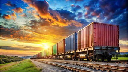 Obraz premium Long freight train transporting cargo containers is traveling on railroad at beautiful sunset