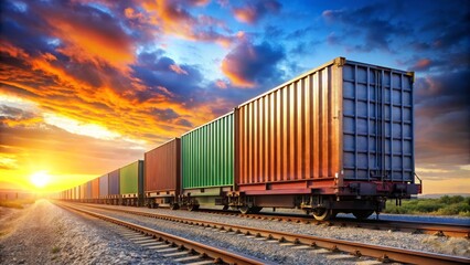 Fototapeta premium Long freight train transporting cargo containers is traveling on railroad at beautiful sunset