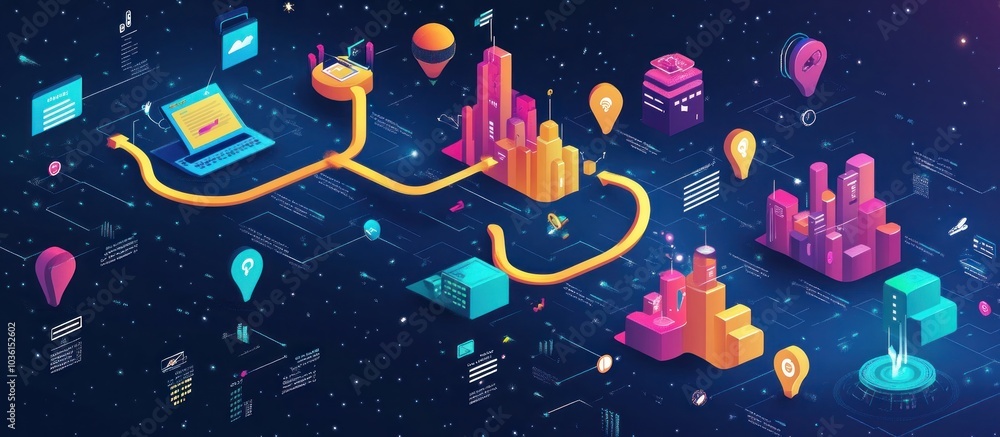 Canvas Prints abstract isometric illustration of a network of interconnected cities with a laptop in the backgroun