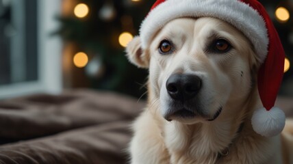 A dog wearing a Santa hat looks expectantly towards the camera, with a Christmas tree blurred in the background.