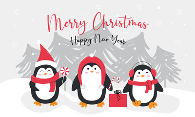 A festive Christmas and New Year greeting card, poster, or banner featuring cute penguins in a flat style, perfect for holiday decorations and cheerful designs.