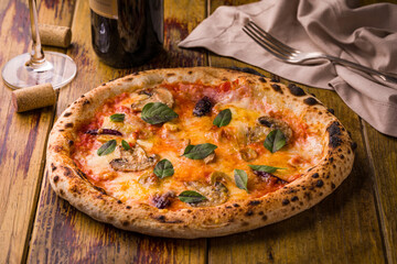 Delicious Wood-Fired Pizza with Fresh Basil and Mushrooms