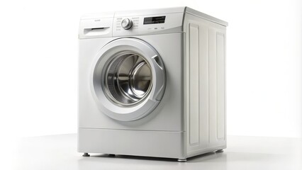 Washing machine is standing on a white background, ready to be used for laundry