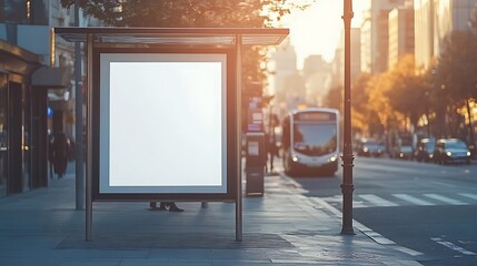 A blank white poster on a sleek bus stop shelter near a busy street corner.
