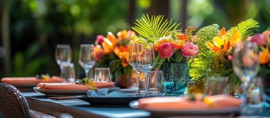 Tropical flower centerpiece on a table setting with orange napkins and wine glasses.