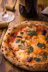Delicious Gourmet Pizza with Mushrooms and Fresh Basil