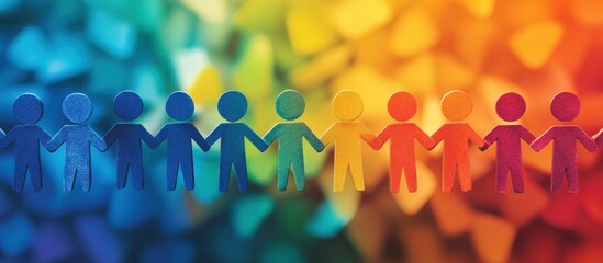 Paper people chain of various colors stand hand in hand against an out-of-focus, rainbow-colored background.