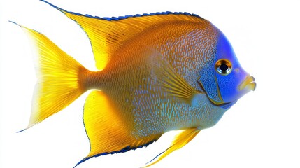 Naklejka premium Queen Angelfish elegantly swims with striking blue and yellow patterns visible against a stark white backdrop highlighting its beauty and uniqueness as a marine species.