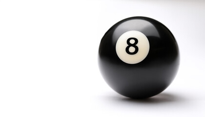 number 8 eight ball, the black ball, used in pool billiard games on side position provides copy space for text. background concept isolated white