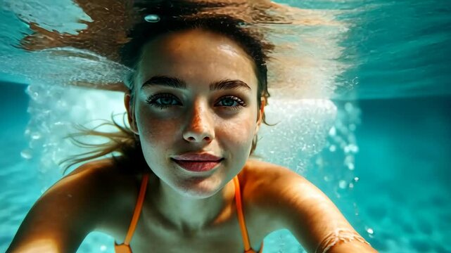 A woman with long brown hair smiles underwater in a swimming pool