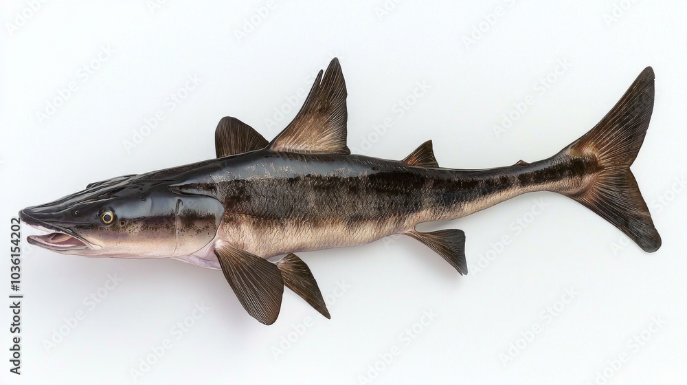 Poster paddlefish known scientifically as polyodon spathula is displayed on a white background emphasizing 