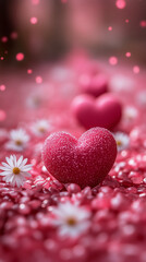 Obraz premium pink heart-shaped candies, and small white daisies scattered on the ground