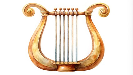 Golden lyre painted with watercolors, representing history, music, and ancient culture