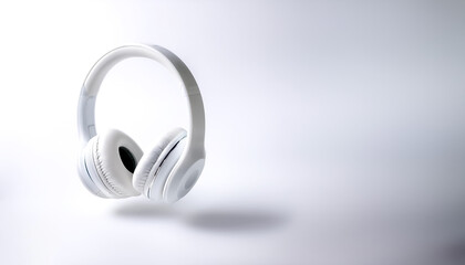 White metallic white wireless headphones in the air on side position provides copy space for text. background concept isolated white