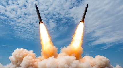Two missile rockets ascend simultaneously through the sky, leaving trails of smoke and clouds against a bright blue backdrop