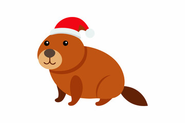 Beaver  with Santa Claus hats isolatedon white,vector new year elements for christmas design