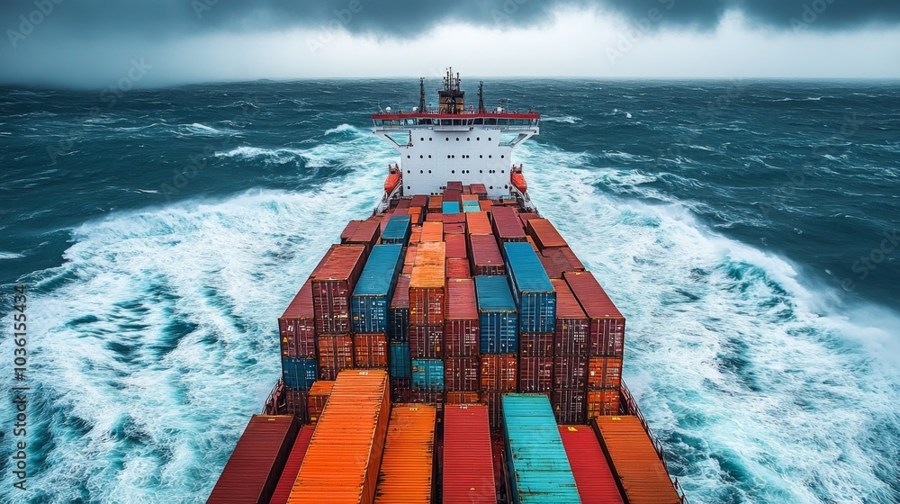 Poster a cargo ship loaded with colorful containers battles strong waves while moving steadily through turb