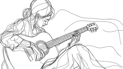 Fototapeta premium A girl playing a guitar in front of two mountains