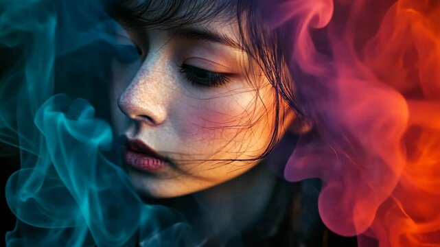 A woman's face is partially obscured by blue and red smoke