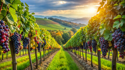 Fototapeta premium Vineyard with ripe grapes at sunset, showcasing scenic hills and perfect rows