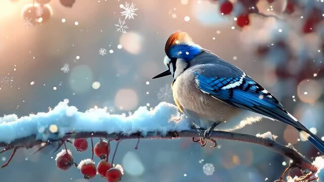 Beautiful blue jay perched on snowy branch, Video