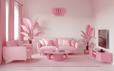 Pink living room interior design with modern furniture and plants  perfect for a minimalist home   