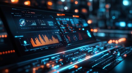 Obraz premium A close-up of a futuristic computer screen displaying data and graphs, glowing with a blue and orange light.