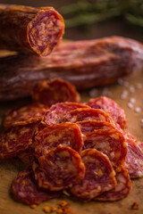 Close-Up of Sliced Spanish Chorizo on Wooden Board