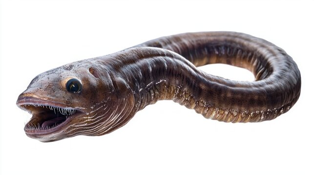 hagfish a fascinating marine creature displays its eel like form with distinctive features against a plain white backdrop. Its unique anatomy is highlighted effectively.