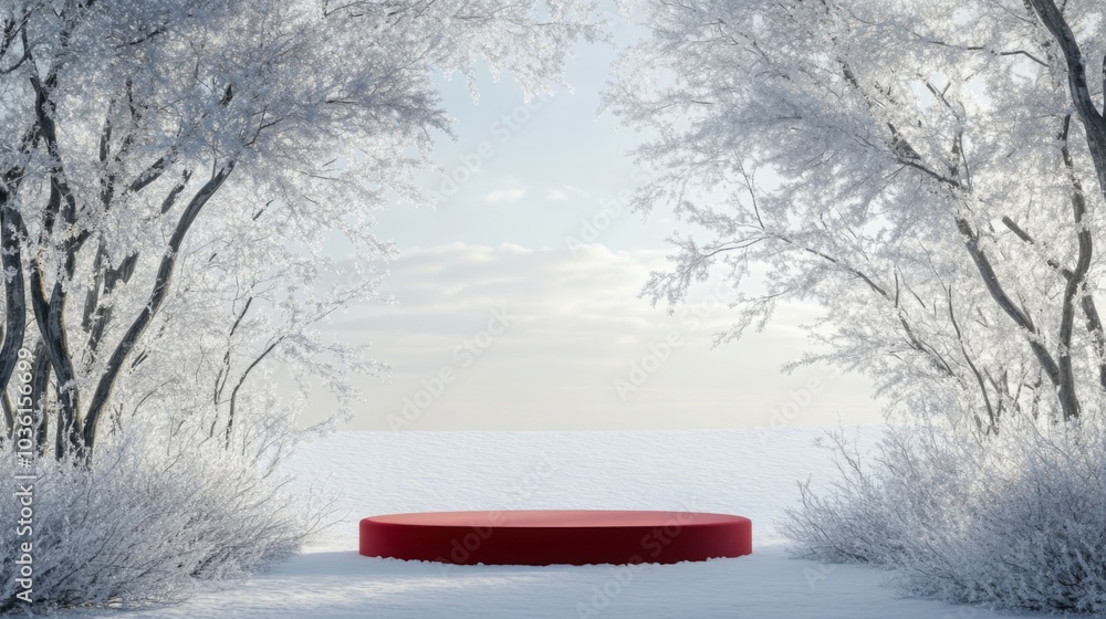 Poster The scene depicts a vibrant red platform nestled in a tranquil winter setting, flanked by frost-covered trees. The soft snow blankets the ground, enhancing the serene atmosphere under a pale sky.