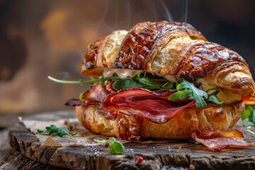 A croissant sandwich with ham, cheese, and greens sits on a wooden board. Concept is appetizing breakfast. For food photography portfolios.