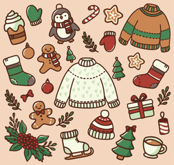 Christmas set featuring cookies, gifts, sweaters, trees, wreaths. Sticker-style design, New Year, penguin