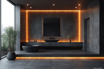 Modern and elegant bathroom interior with dark and orange tones