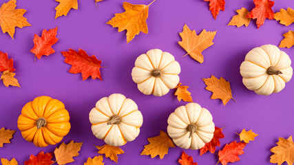 Small pumpkins with autumn leaves on a purple background. Generative AI