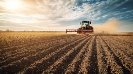 Farm equipment is working in a field on a sunny day.