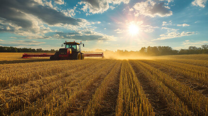 Fototapeta premium Farm equipment is working in a field on a sunny day.